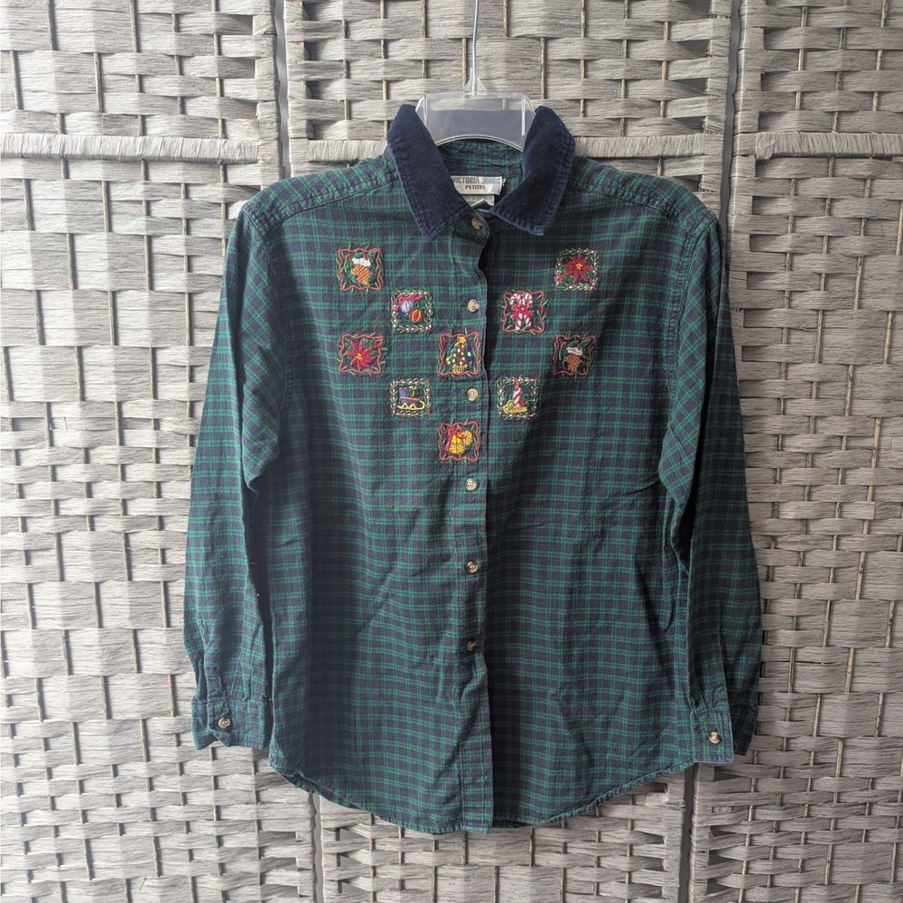 Vtg Shirt Green Plaid Embroidered Christmas Flannel Navy Velvet Collar Sz LP